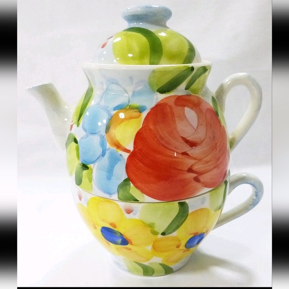 Alacarte JCPenney Individual teapot‎ and cup farmhouse, ceramic, made in Italy.